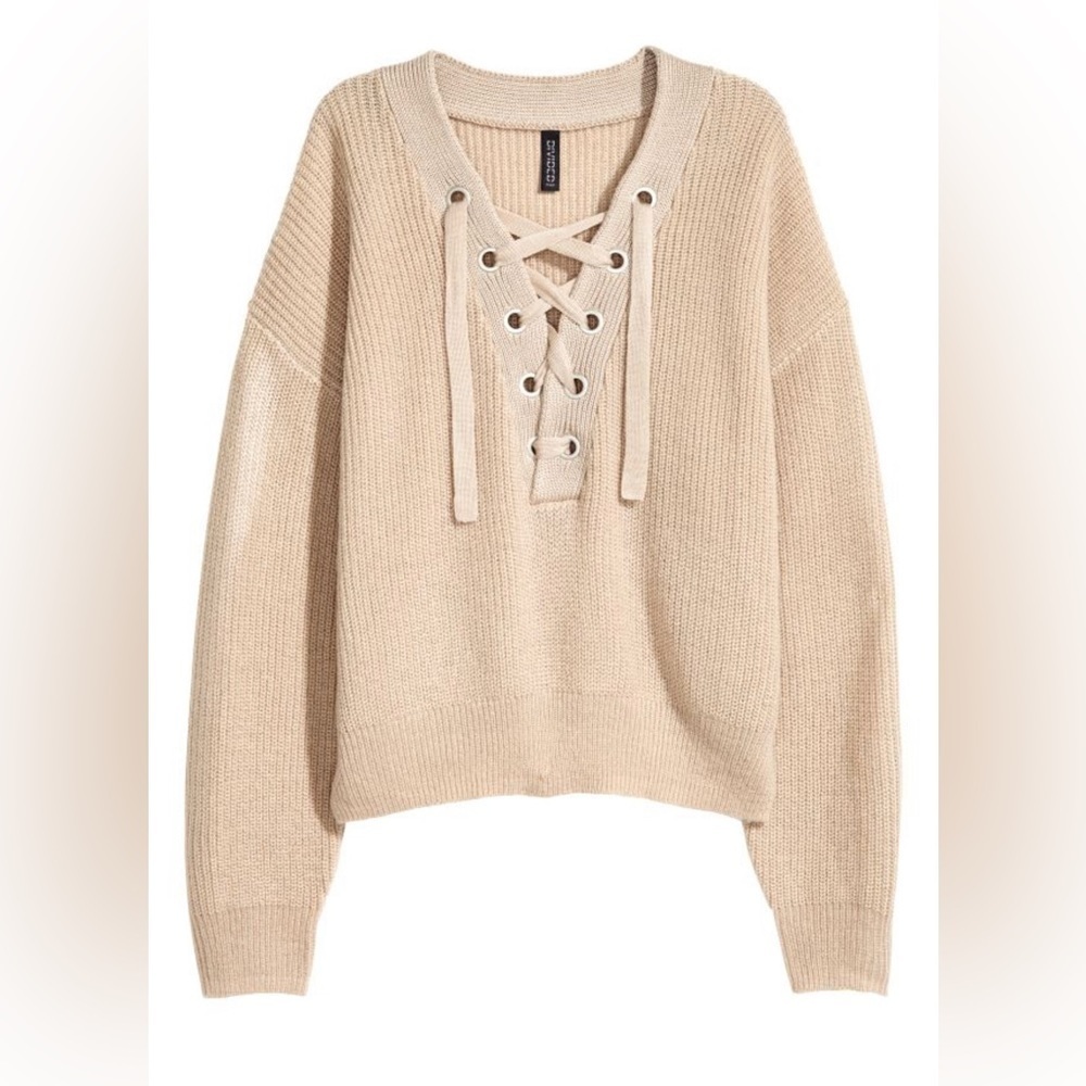 Divided beige colored lace up sweater size extra small